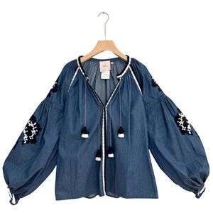 March 11‎ Small Embroidered Long Sleeve Linen Tassel Blouse Blue Geometric Boho